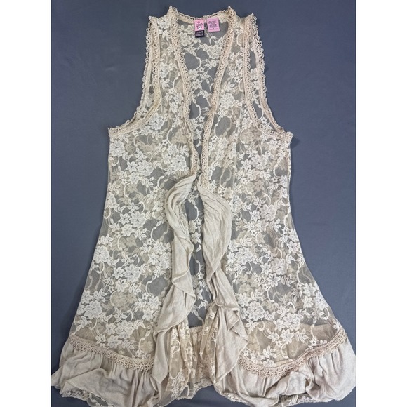 love on a hanger Jackets & Blazers - Love On A Hanger Cream Floral Lace Ruffle Trim Open Front Vest Small Boho Chic